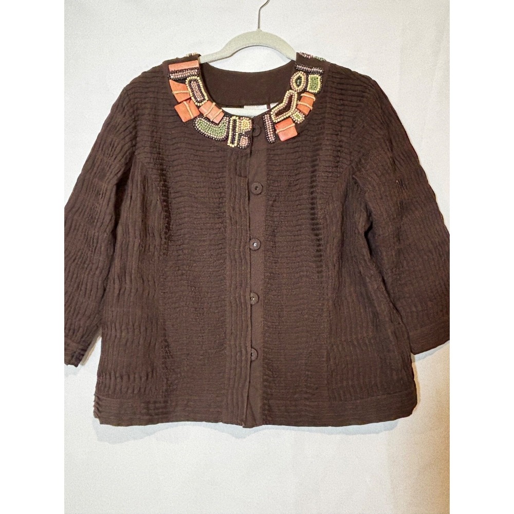 Chicos sz 2 L Jacket Blazer Brown Lined African beaded Southwestern career lagen